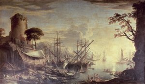 Port au coucher du soleil - Salvator Rosa
